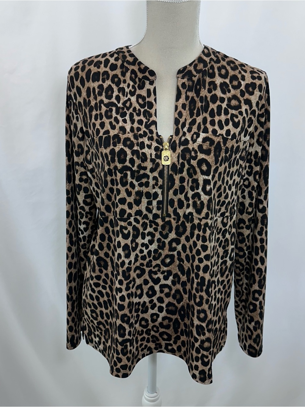 Michael Kors Leopard Print Half-Zip Long Sleeve Top - Tan/Black